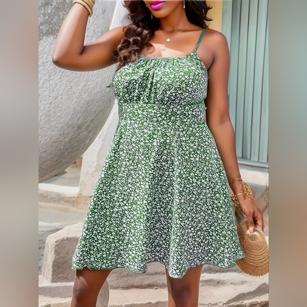Green Floral Spaghetti-Strap Summer Dress